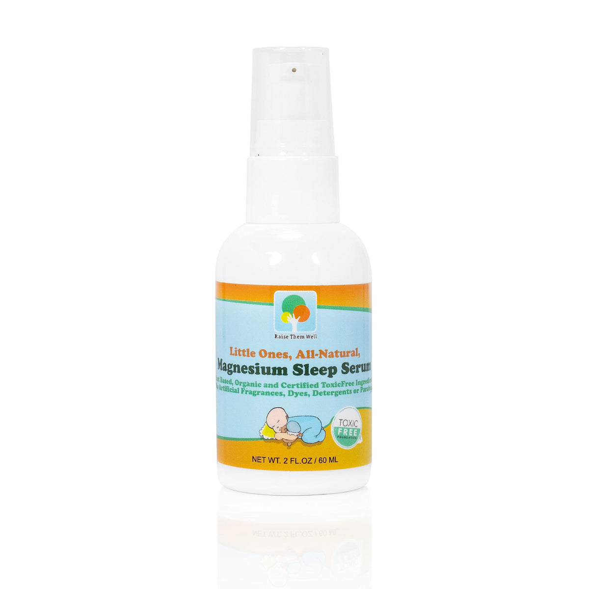 Raise Them Well magnesium sleep serum pump applied between the child's shoulders for calm.