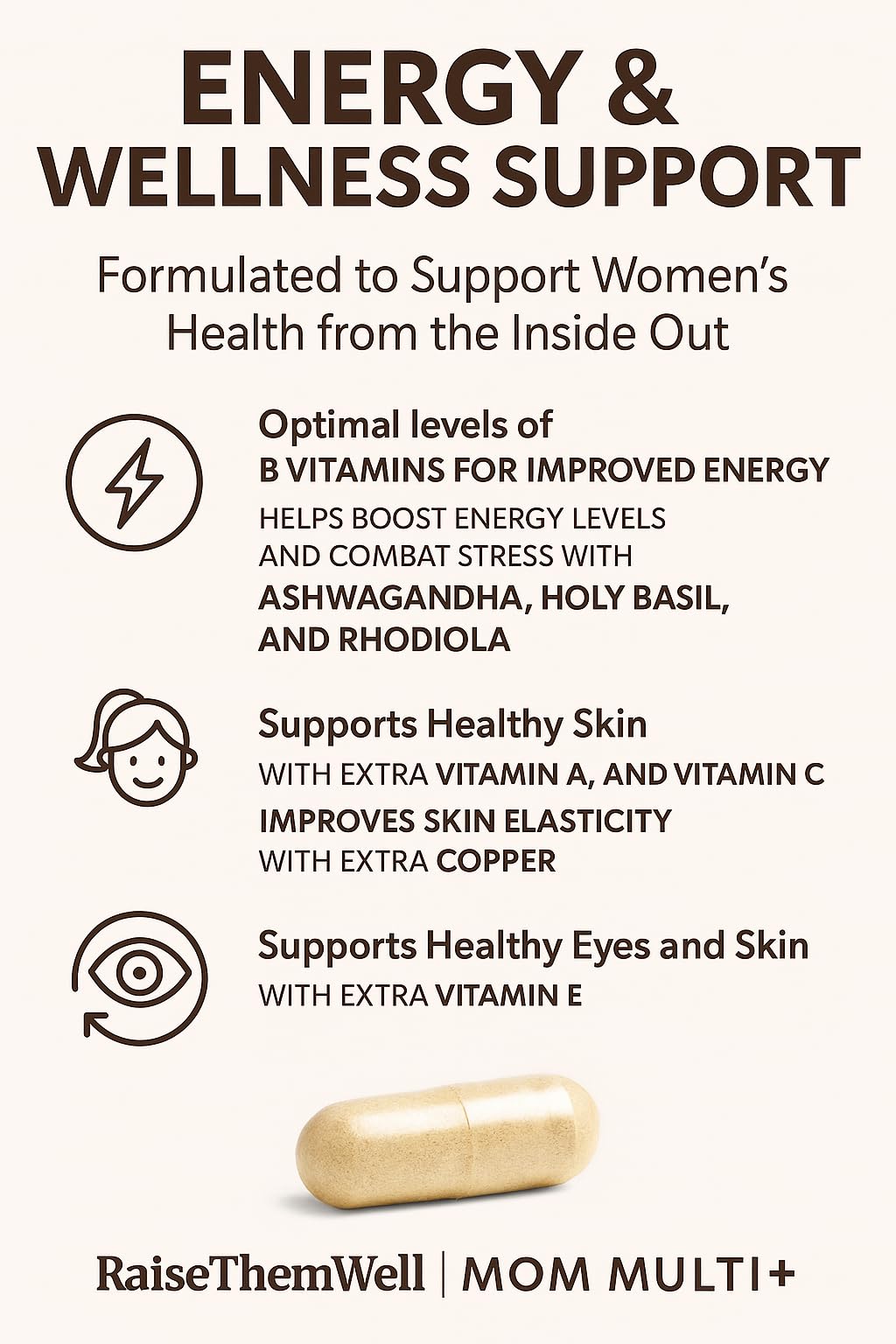 Raise Them Well Mom Multi+ label highlights methylfolate and adaptogens.