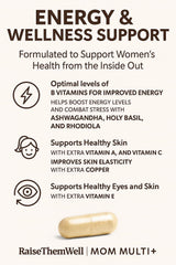 Raise Them Well Mom Multi+ label highlights methylfolate and adaptogens.
