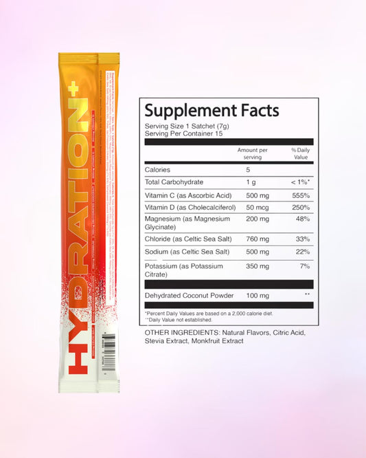 Glass of water with Raised Hydration+ Peach powder dissolving for refreshing energy.