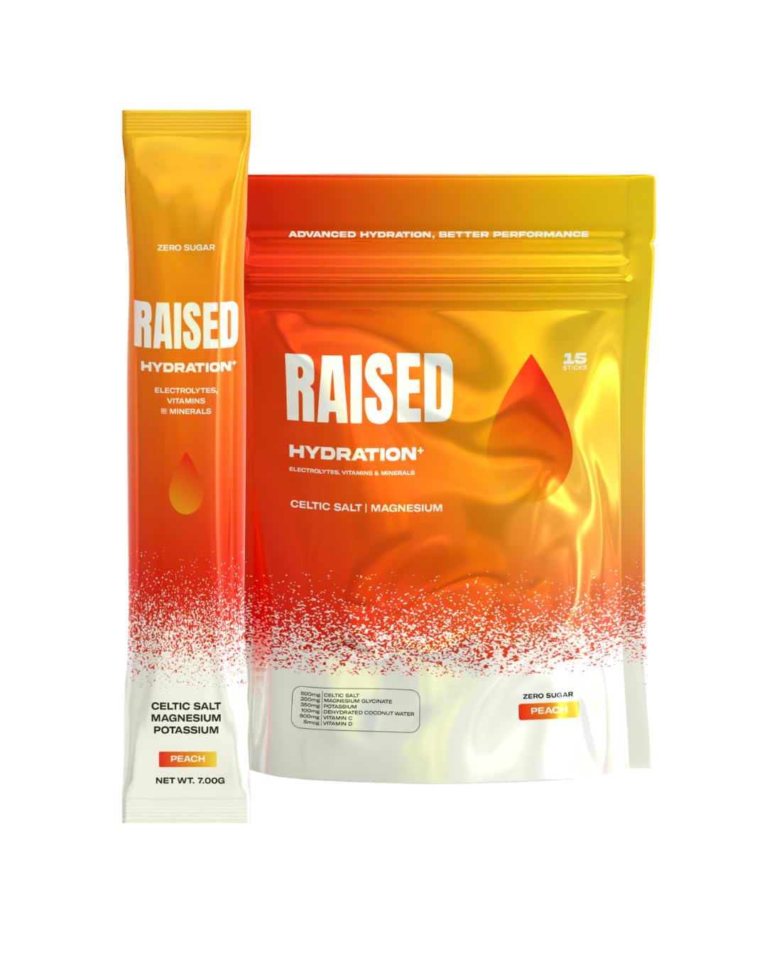 Raised Hydration+ Peach stick pack for on the go hydration and daily wellness.