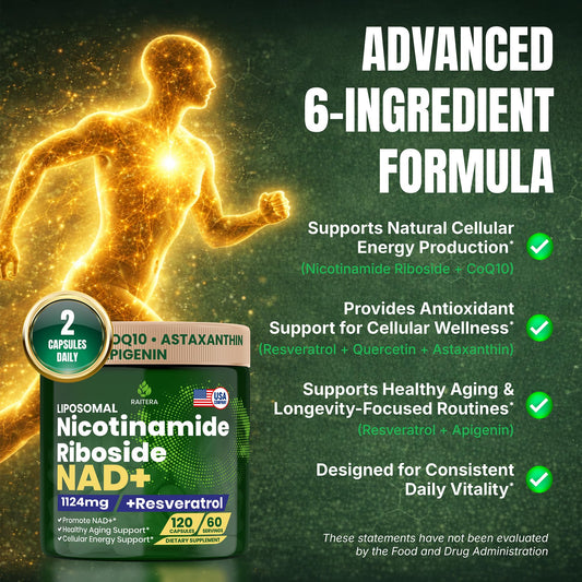 Raitera NAD+ bottle with glass suggests simple daily supplementation for vitality