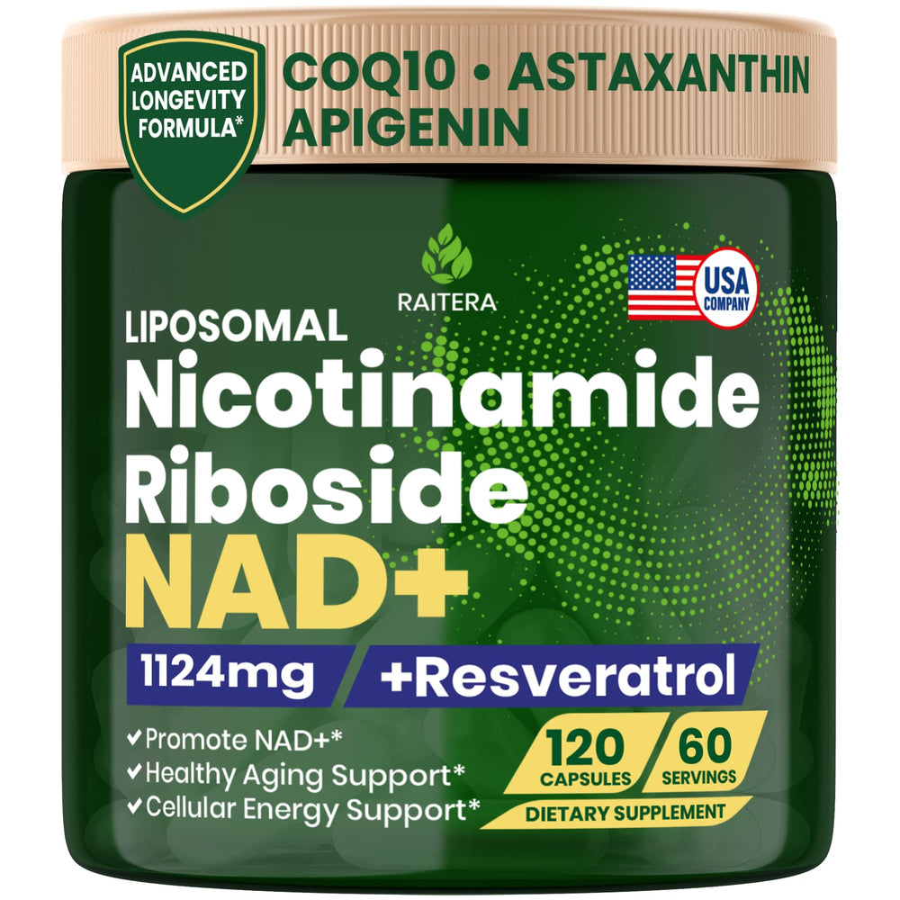 Raitera NAD+ bottle front label highlights NR and antioxidants for daily energy support
