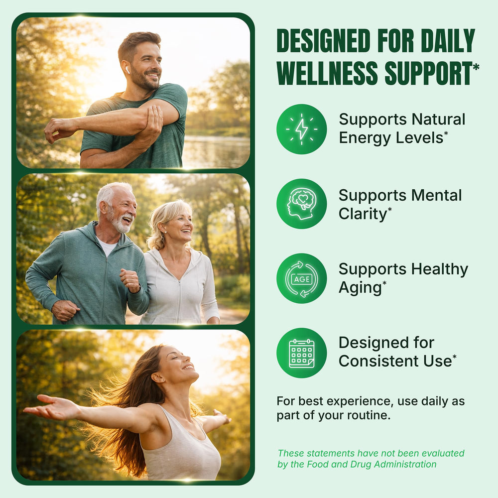 Raitera NAD+ lifestyle scene with pills and glass implies ongoing well-being support