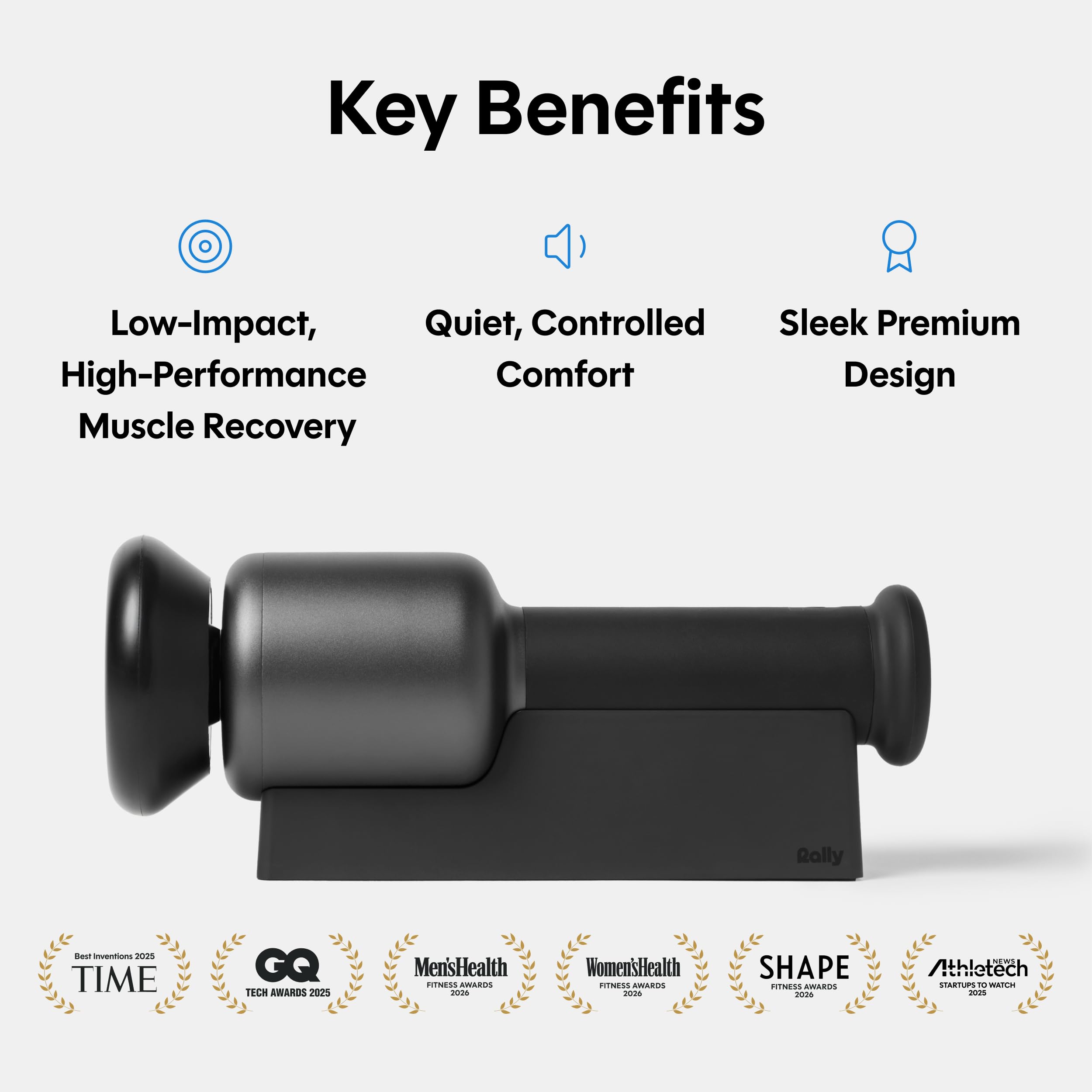 Rally Orbital Massager foam-head attachments for different muscle groups.