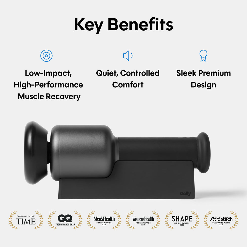 Rally Orbital Massager foam-head attachments for different muscle groups.