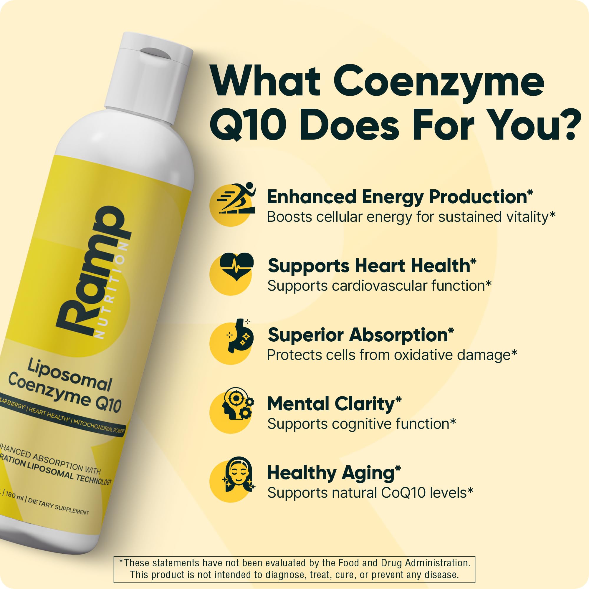 Ramp Nutrition Liposomal CoQ10 Liquid ingredients panel emphasizes natural flavor and allergy-friendly status.
