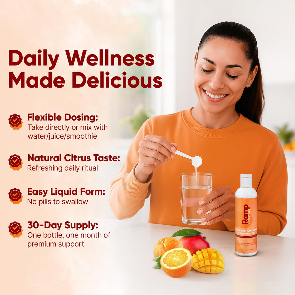 Ramp Nutrition liposomal curcumin resveratrol mixed drink with mango-orange flavor and refreshing appearance