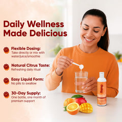 Ramp Nutrition liposomal curcumin resveratrol mixed drink with mango-orange flavor and refreshing appearance
