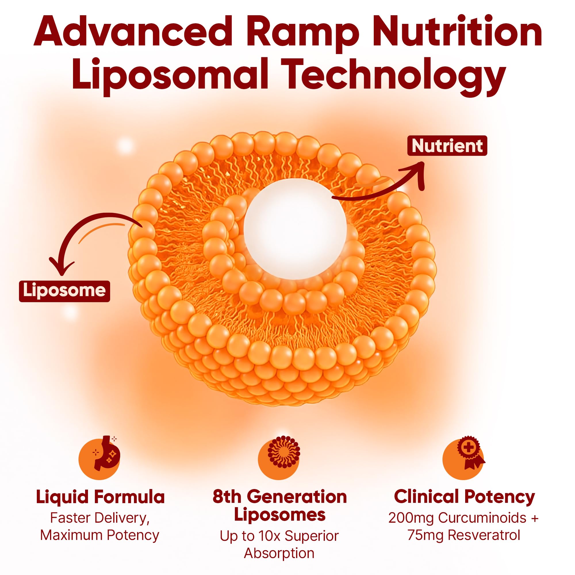 Ramp Nutrition liposomal curcumin resveratrol ingredients panel featuring 200 mg curcuminoids and 75 mg resveratrol