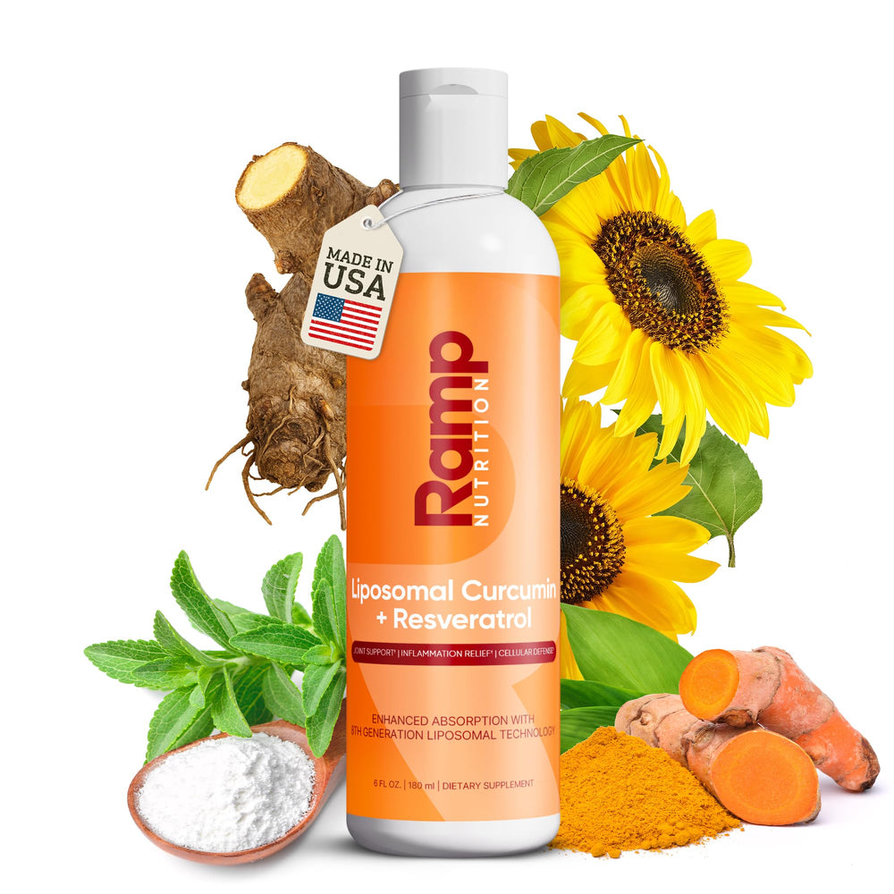 Ramp Nutrition liposomal curcumin resveratrol pour over glass for easy mixing and daily use