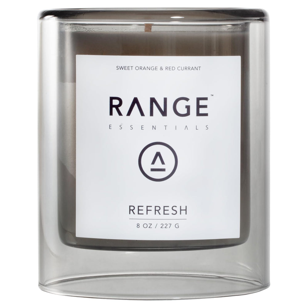 Range Essentials Refresh Candle front view reveals fruit scent in a clean glass jar for uplifting ambiance.