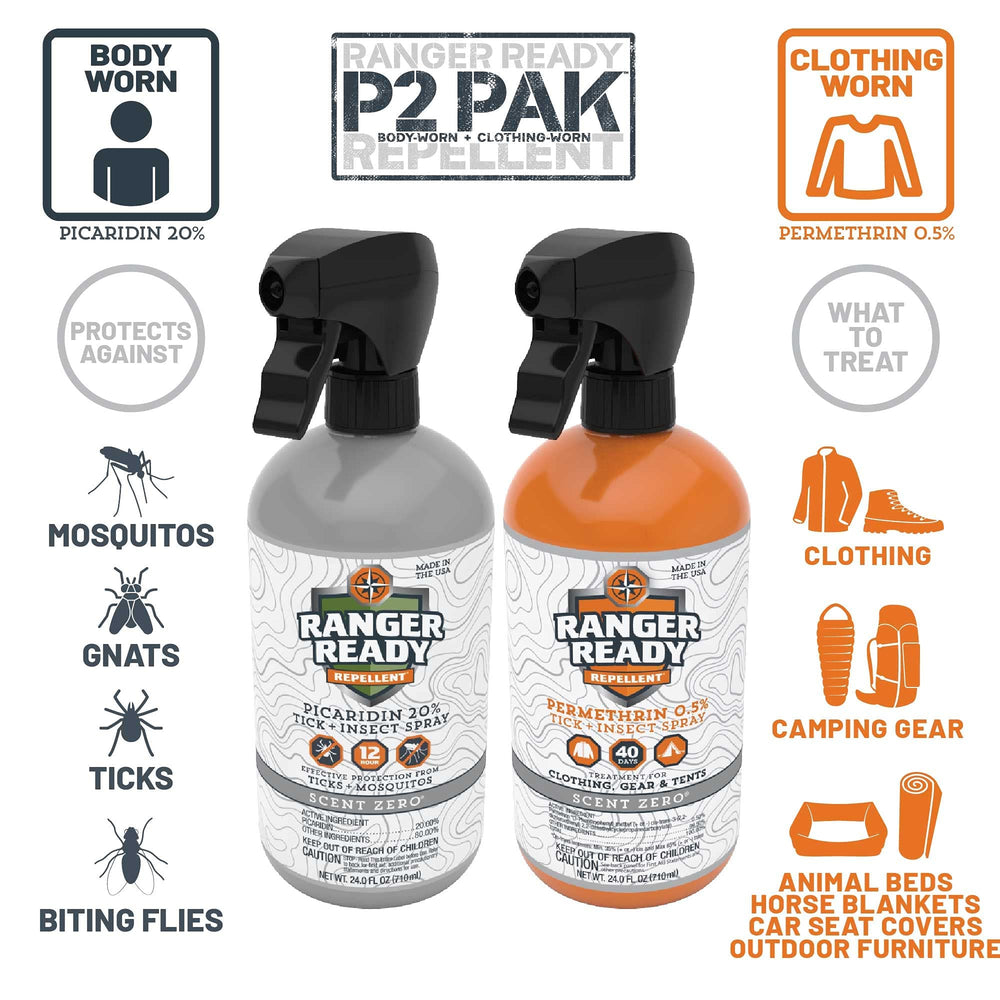 Ranger Ready P2Pak permethrin clothing spray protects gear on contact.