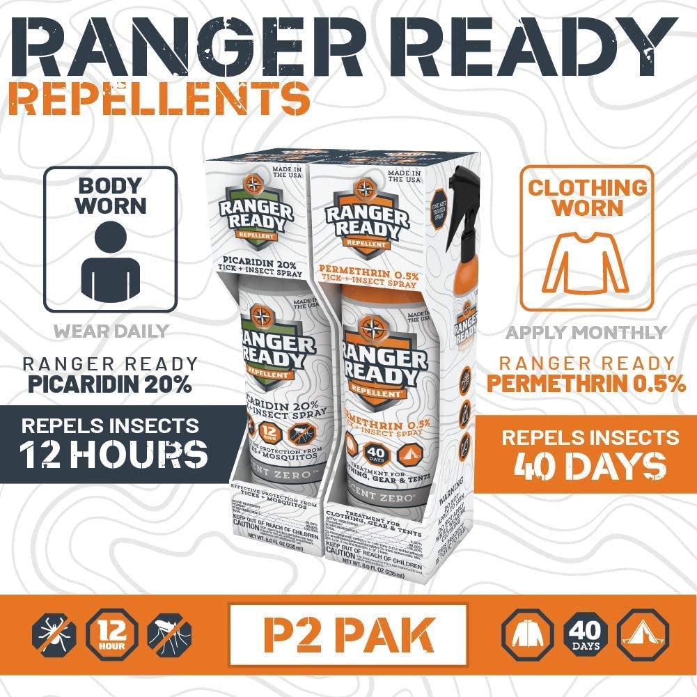Ranger Ready P2Pak permethrin clothes-gear spray protects fabrics during outdoor use.