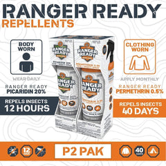 Ranger Ready P2Pak permethrin clothes-gear spray protects fabrics during outdoor use.