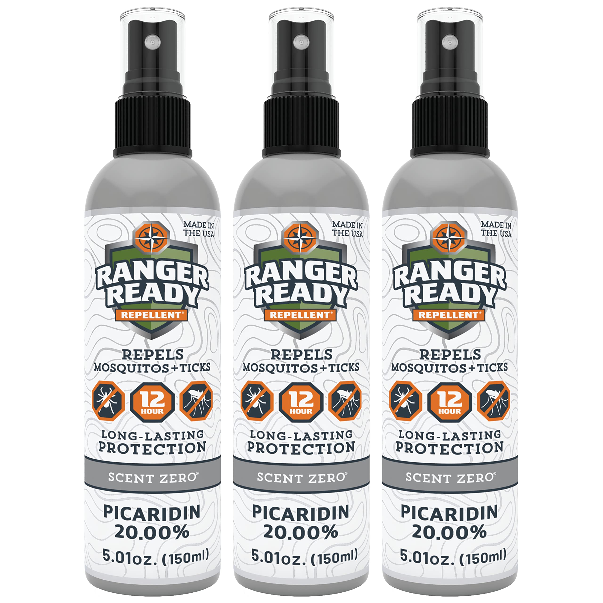 Ranger Ready Picaridin 20% bottle and 3-pack shown for extended outdoor protection.