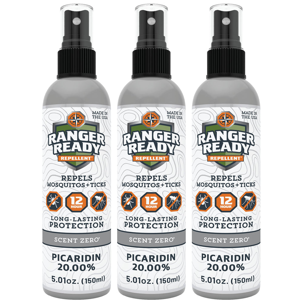 Ranger Ready Picaridin 20% bottle and 3-pack shown for extended outdoor protection.