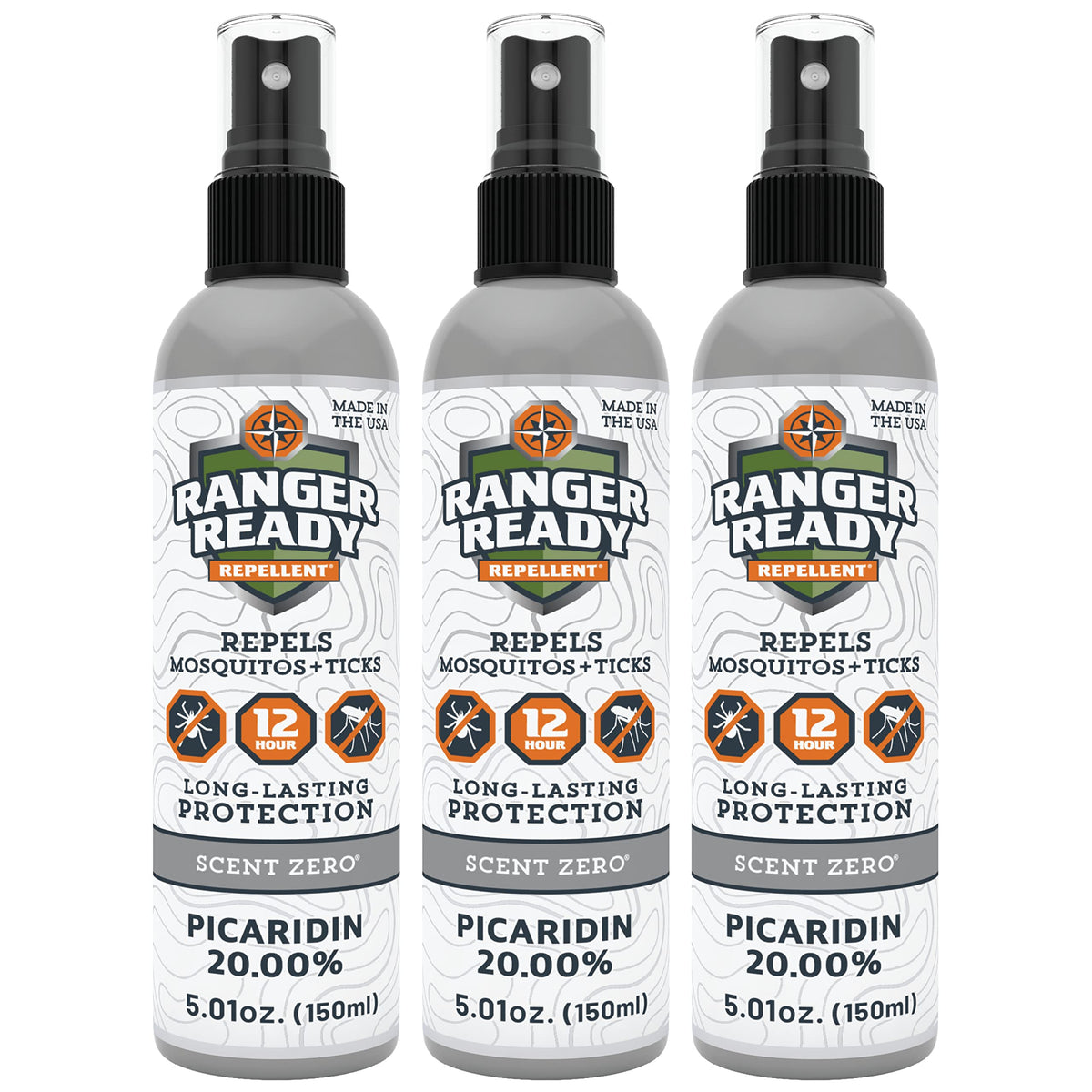 Ranger Ready Picaridin 20% bottle and 3-pack shown for extended outdoor protection.