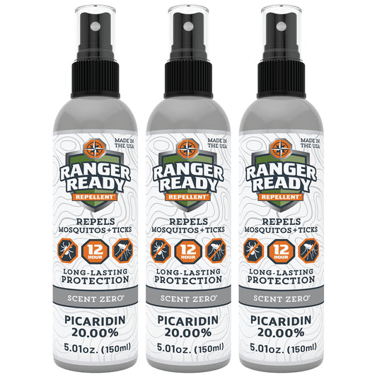 Ranger Ready Picaridin 20% bottle and 3-pack shown for extended outdoor protection.