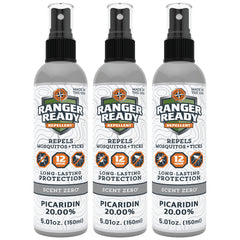 Ranger Ready Picaridin 20% bottle and 3-pack shown for extended outdoor protection.
