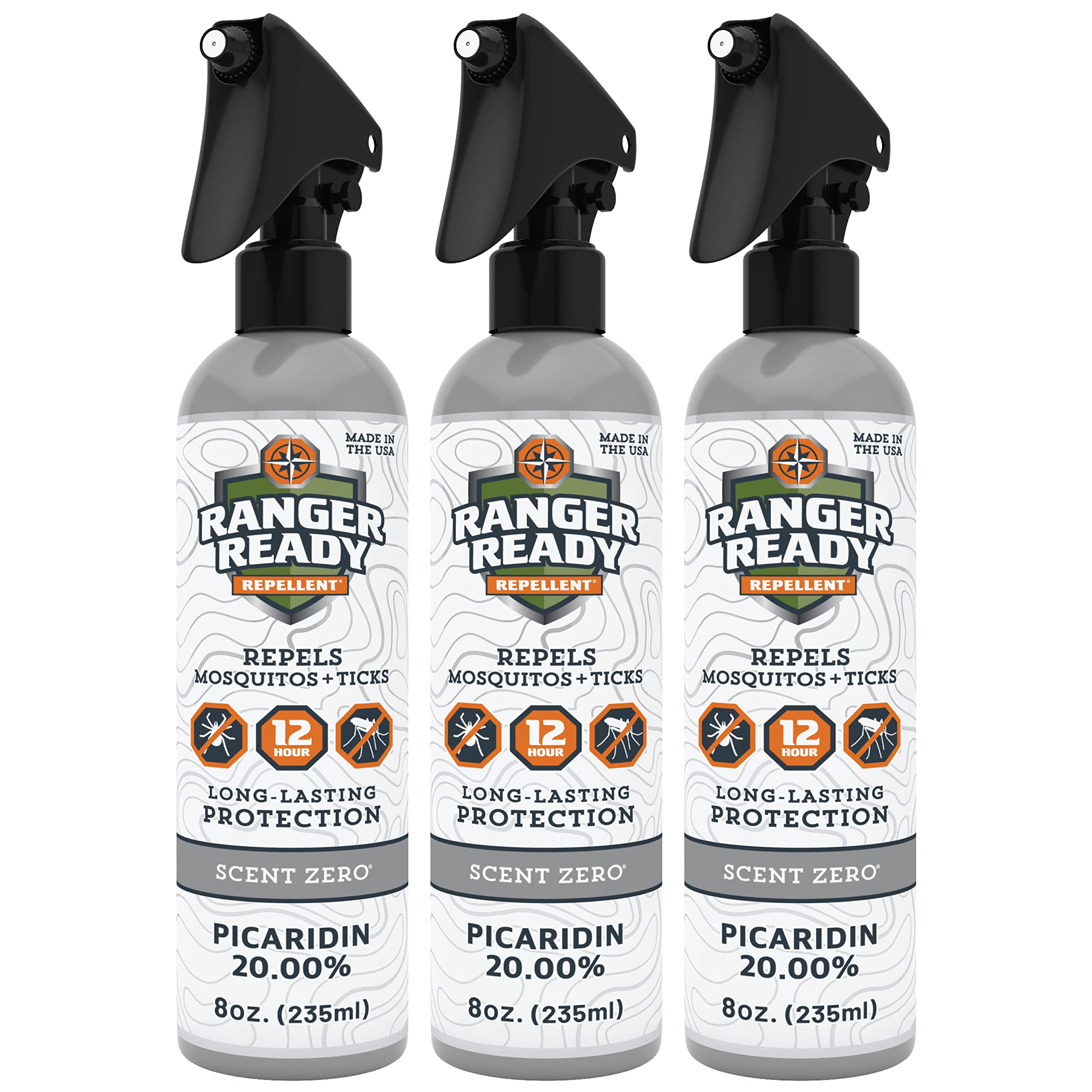 Ranger Ready Picaridin unscented spray shows 360-degree mist for full-body protection on outdoor trails.