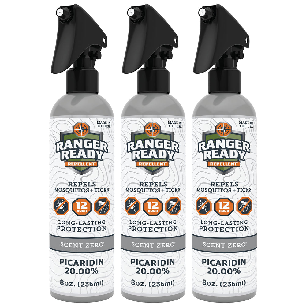 Ranger Ready Picaridin unscented spray shows 360-degree mist for full-body protection on outdoor trails.