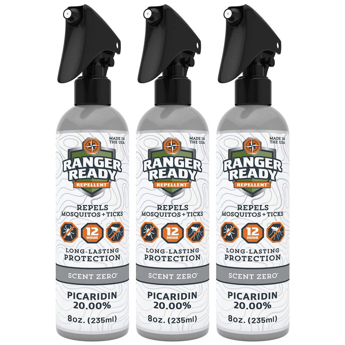 Ranger Ready Picaridin unscented spray shows 360-degree mist for full-body protection on outdoor trails.