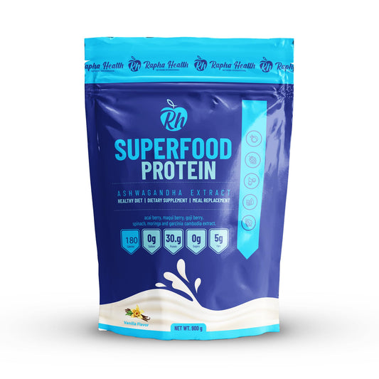 Rapha Health Superfood Whey Vanilla bottle pouring, showing convenient post-workout recovery.