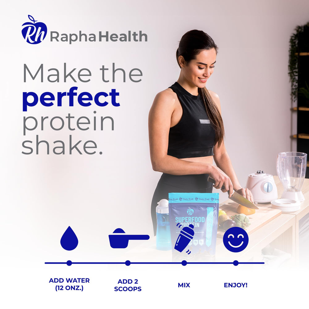 Rapha Health Superfood Whey Vanilla hemp and chia visuals, showcasing natural energy support.