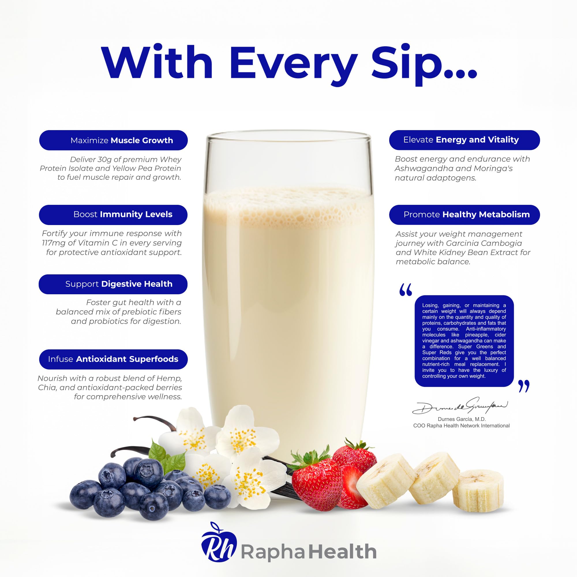 Rapha Health Superfood Whey Vanilla scoop in glass, mixture forming a nutrient-rich breakfast shake.