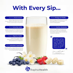 Rapha Health Superfood Whey Vanilla scoop in glass, mixture forming a nutrient-rich breakfast shake.