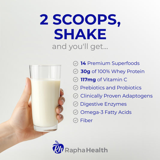 Rapha Health Superfood Whey Vanilla tub close-up, highlighting premium protein and clean ingredients.