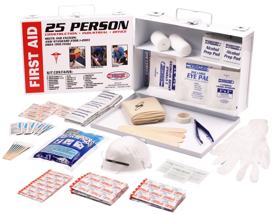 Rapid Care 25-person first aid kit in a rugged metal case, ready for fast response.