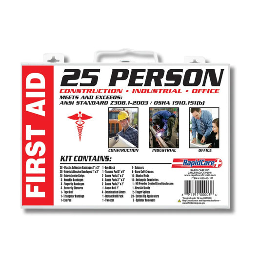 Rapid Care first-aid kit contents neatly organized for quick response on job sites.