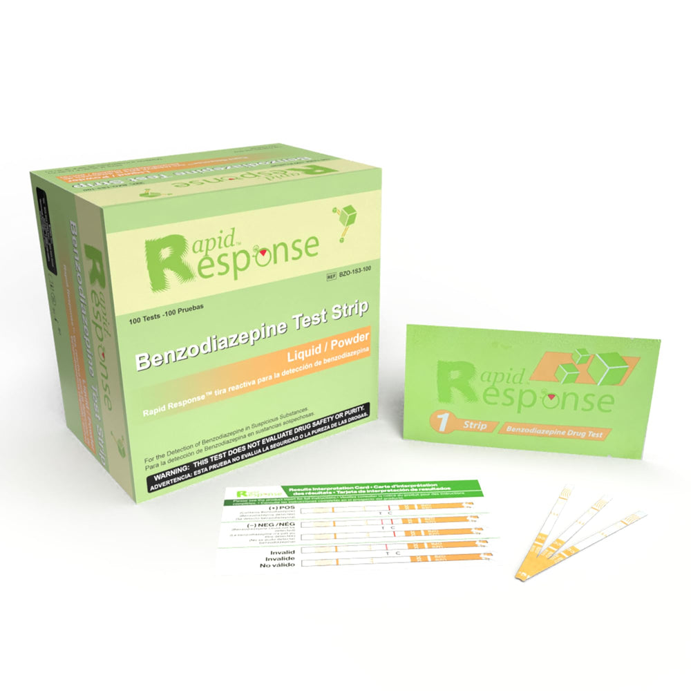 Rapid Response Benzodiazepines test strip with liquid sample for quick screening.