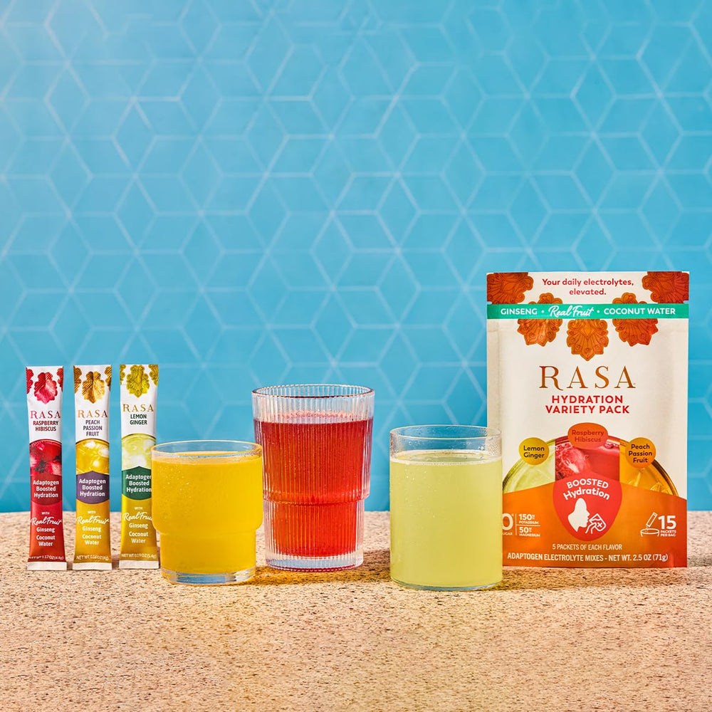 Rasa Hydration Variety Pack display showcasing all flavors for tasting and routine integration