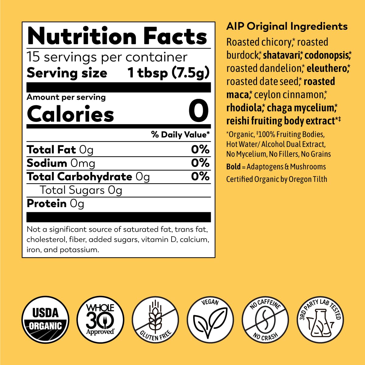 Rasa Koffee Original AIP Ashwagandha-free label signals a compliant wellness option.