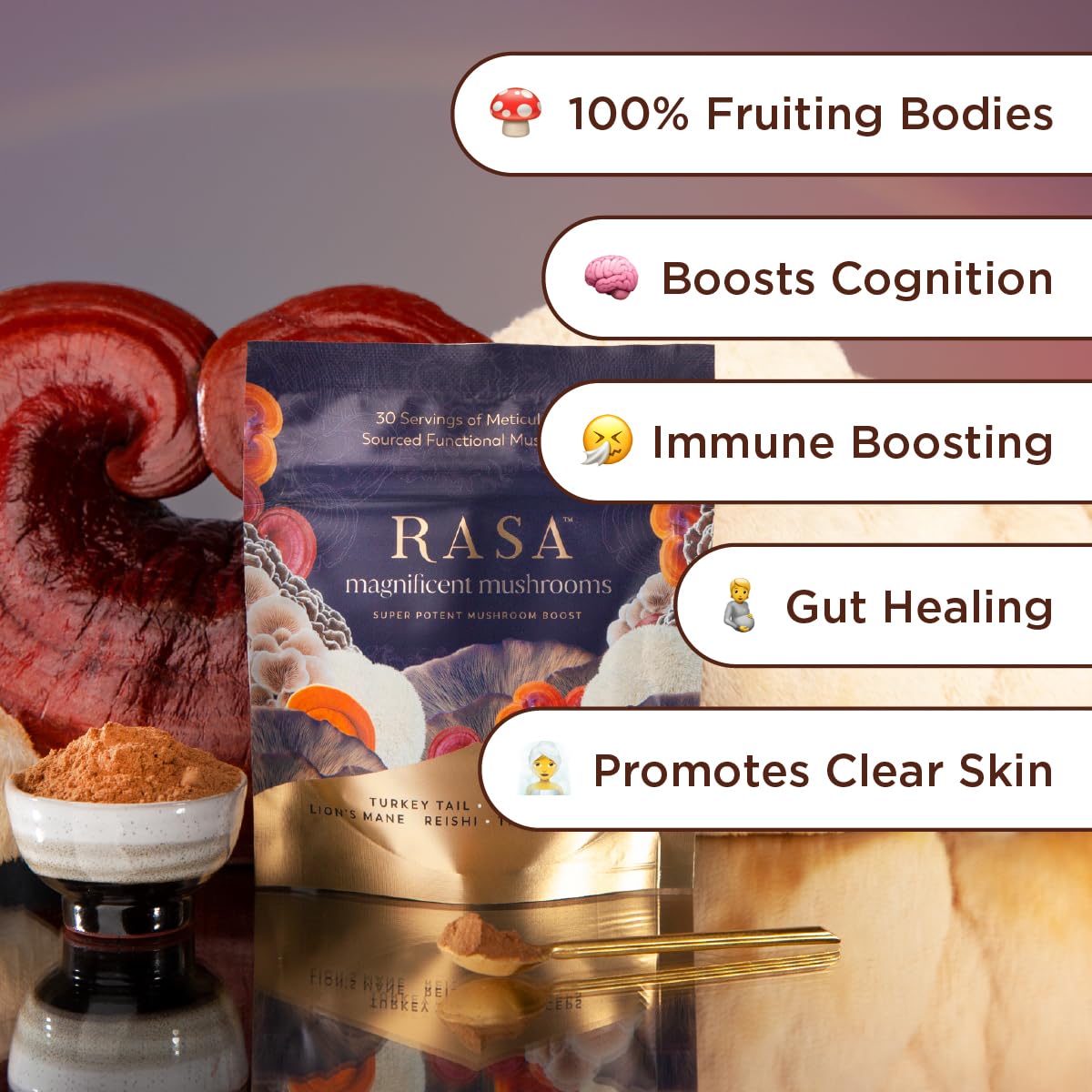 Rasa Magnificent Mushrooms powder stirred into coffee for earthy aroma and depth