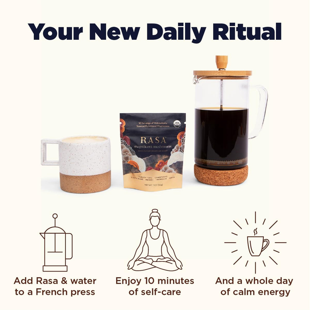 Rasa Magnificent Mushrooms powder added to a smoothie for subtle umami