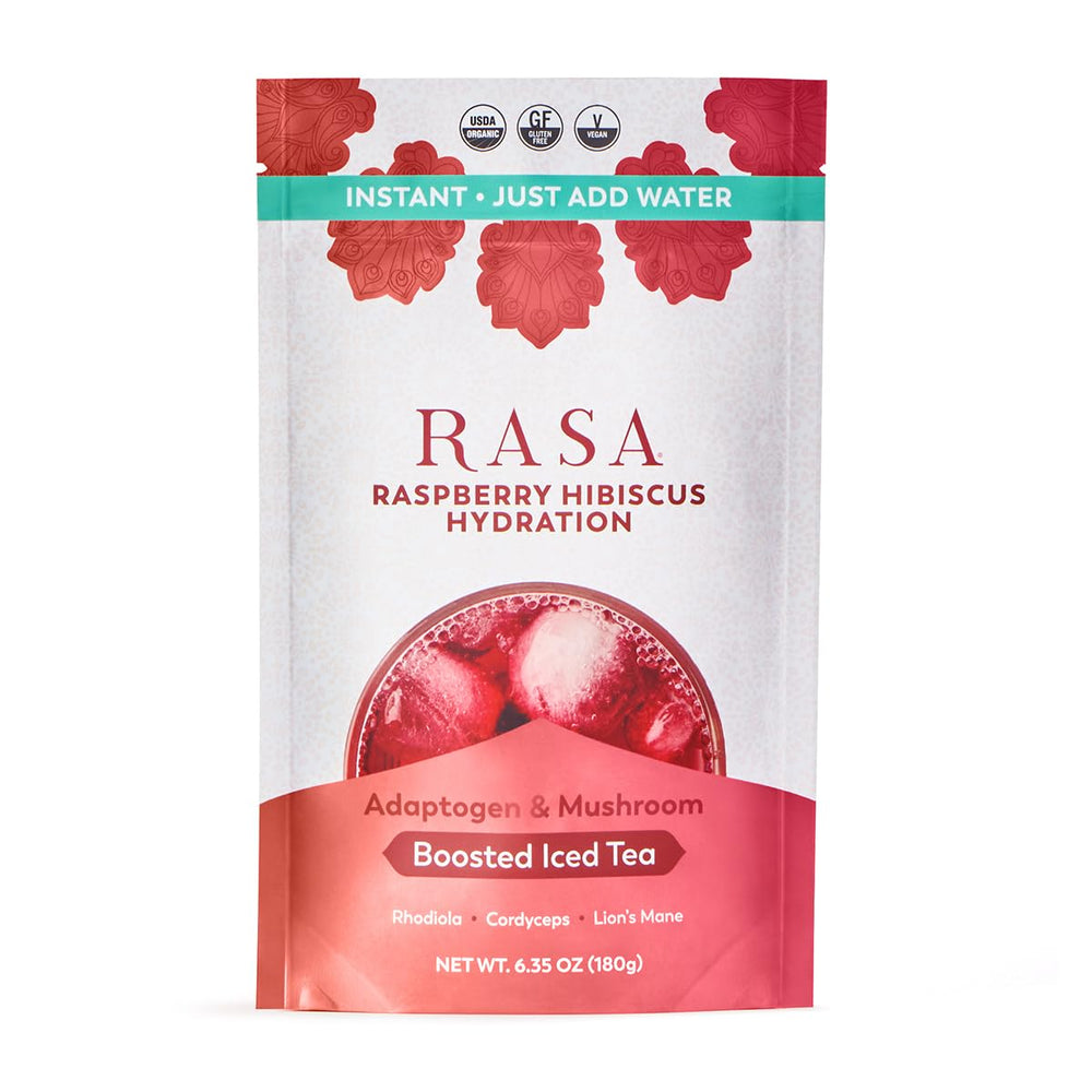 Rasa Raspberry Hibiscus Hydration bottle showing refreshing electrolyte iced tea.