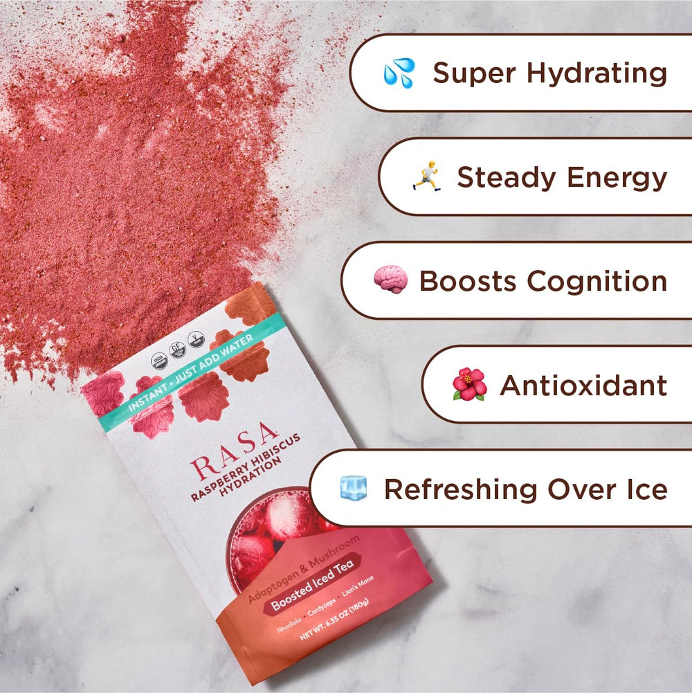 Rasa Raspberry Hibiscus Hydration glass with chilled drink for on-the-go refreshment.