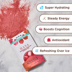 Rasa Raspberry Hibiscus Hydration glass with chilled drink for on-the-go refreshment.