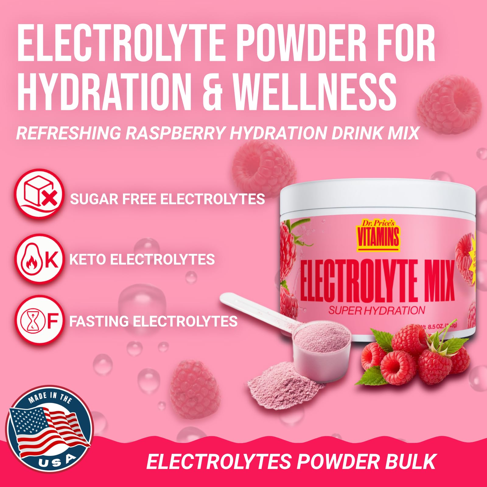 Raspberry-flavored powder dissolving in water for smooth hydration.