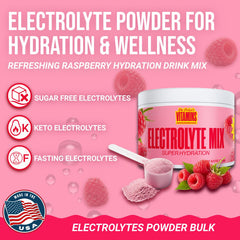 Raspberry-flavored powder dissolving in water for smooth hydration.