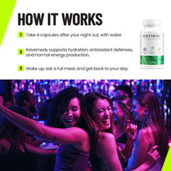 Ravemedy capsules in hand, showcasing easy post-festival routine use.