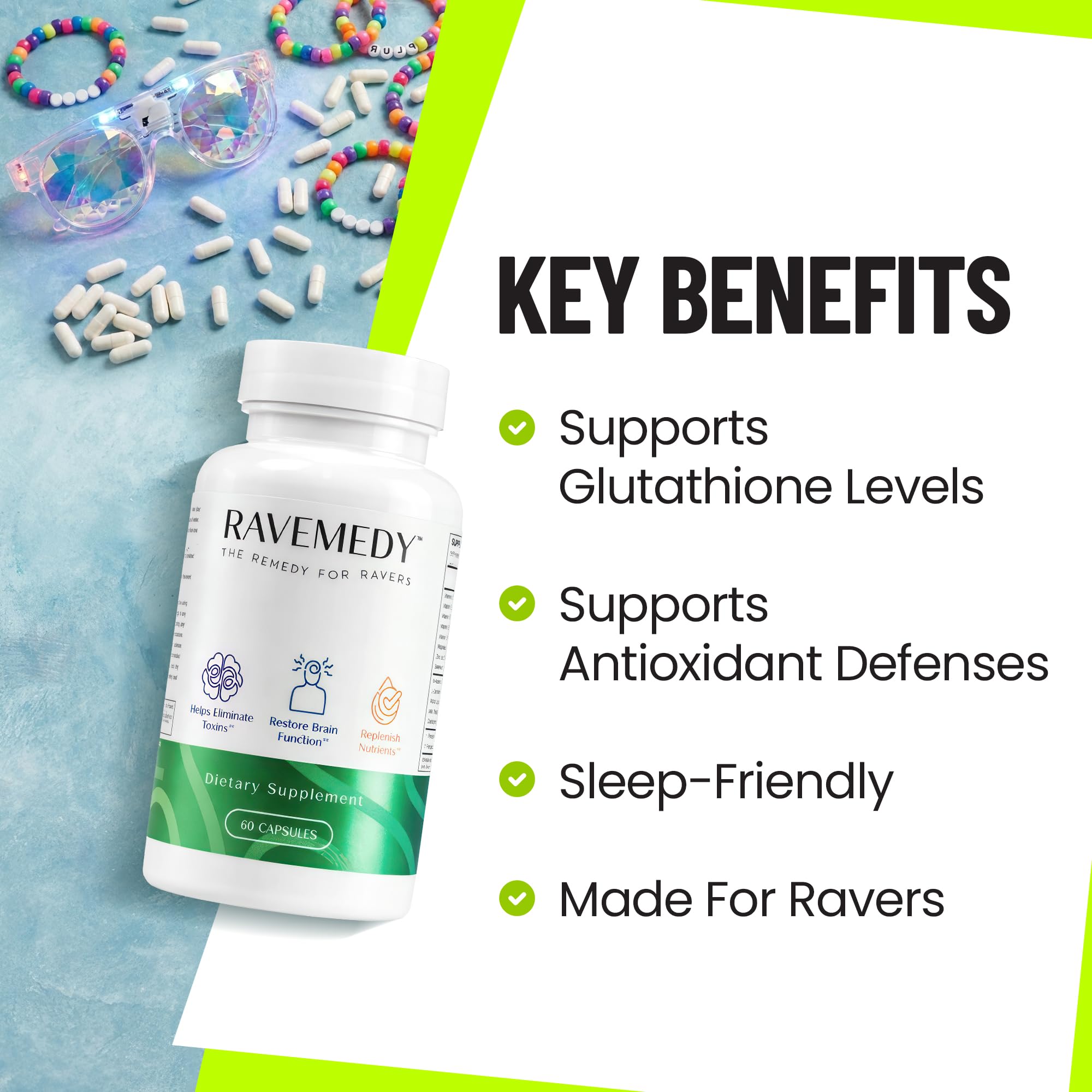 Ravemedy NAC 500mg capsules displayed on the label for antioxidant-support potential.