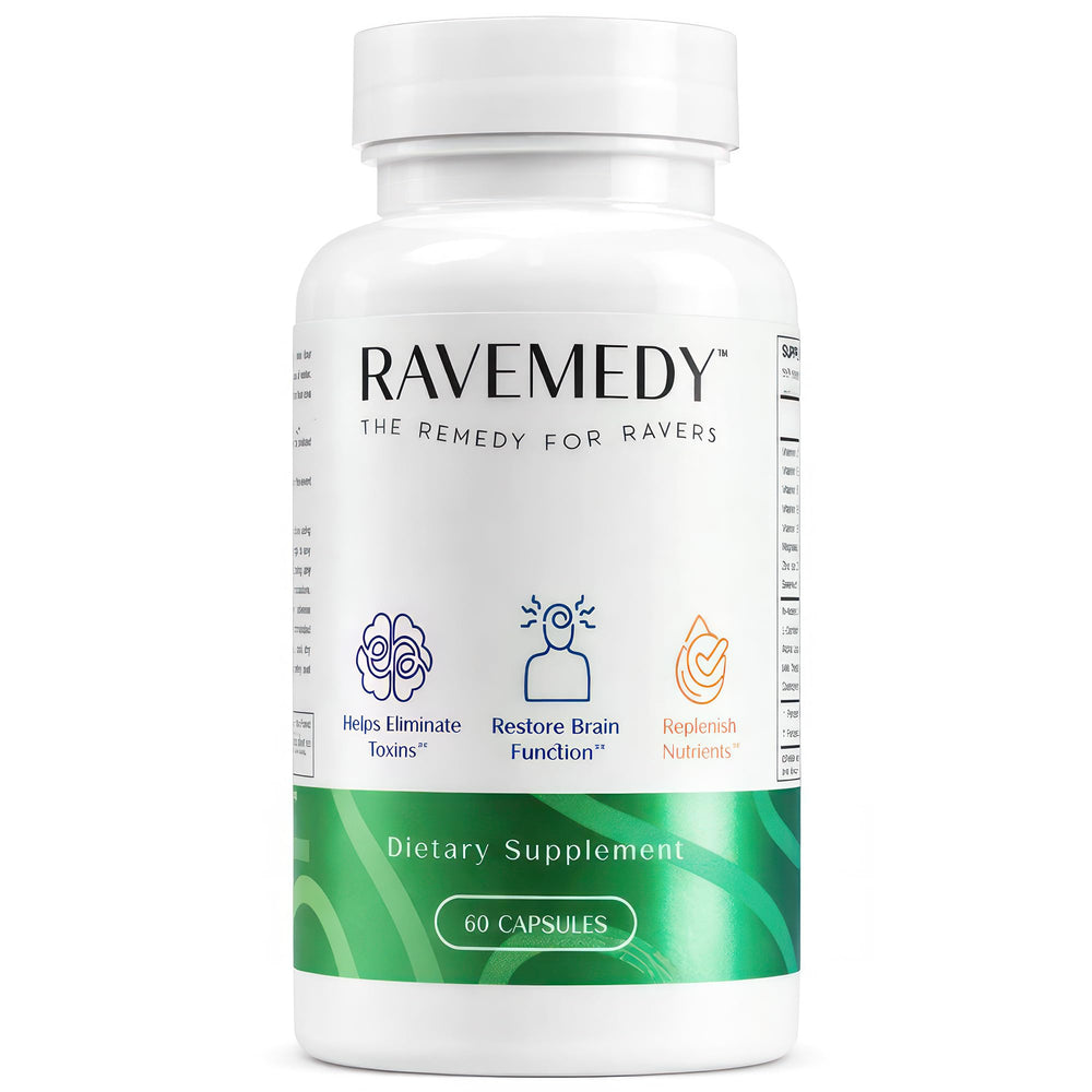 Ravemedy Rave Supplement bottle shown for a festival-night routine.