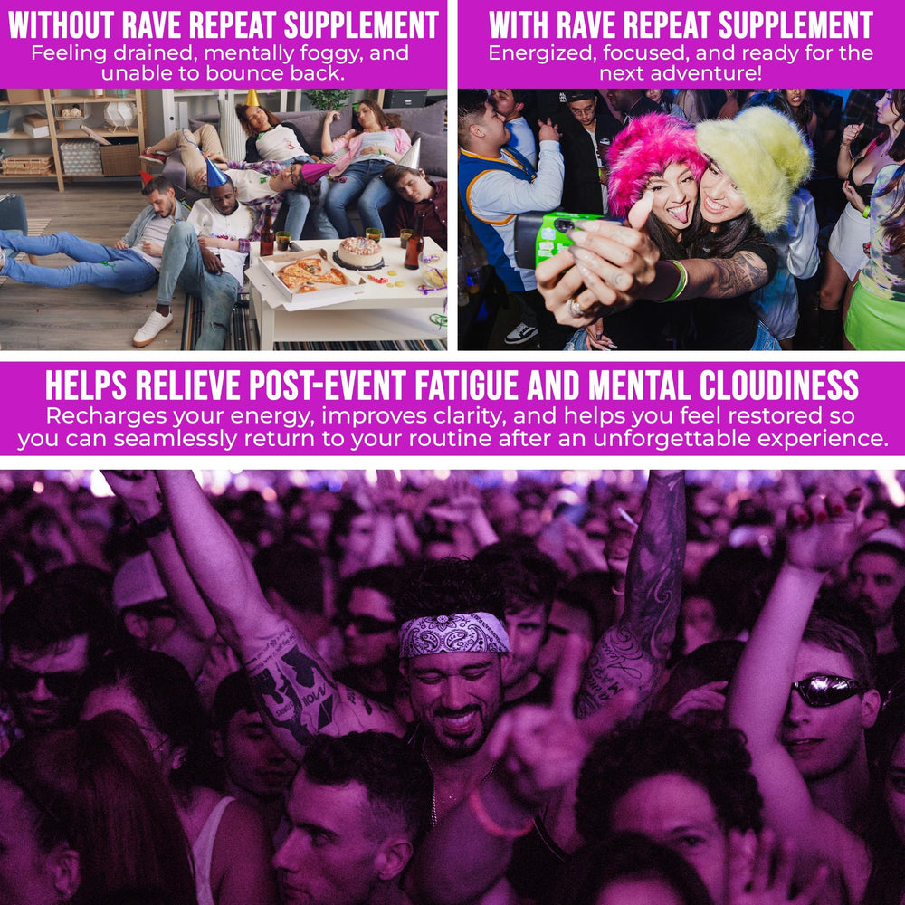 Rave Repeat bottle with capsules demonstrates portable, on-the-go rave support.