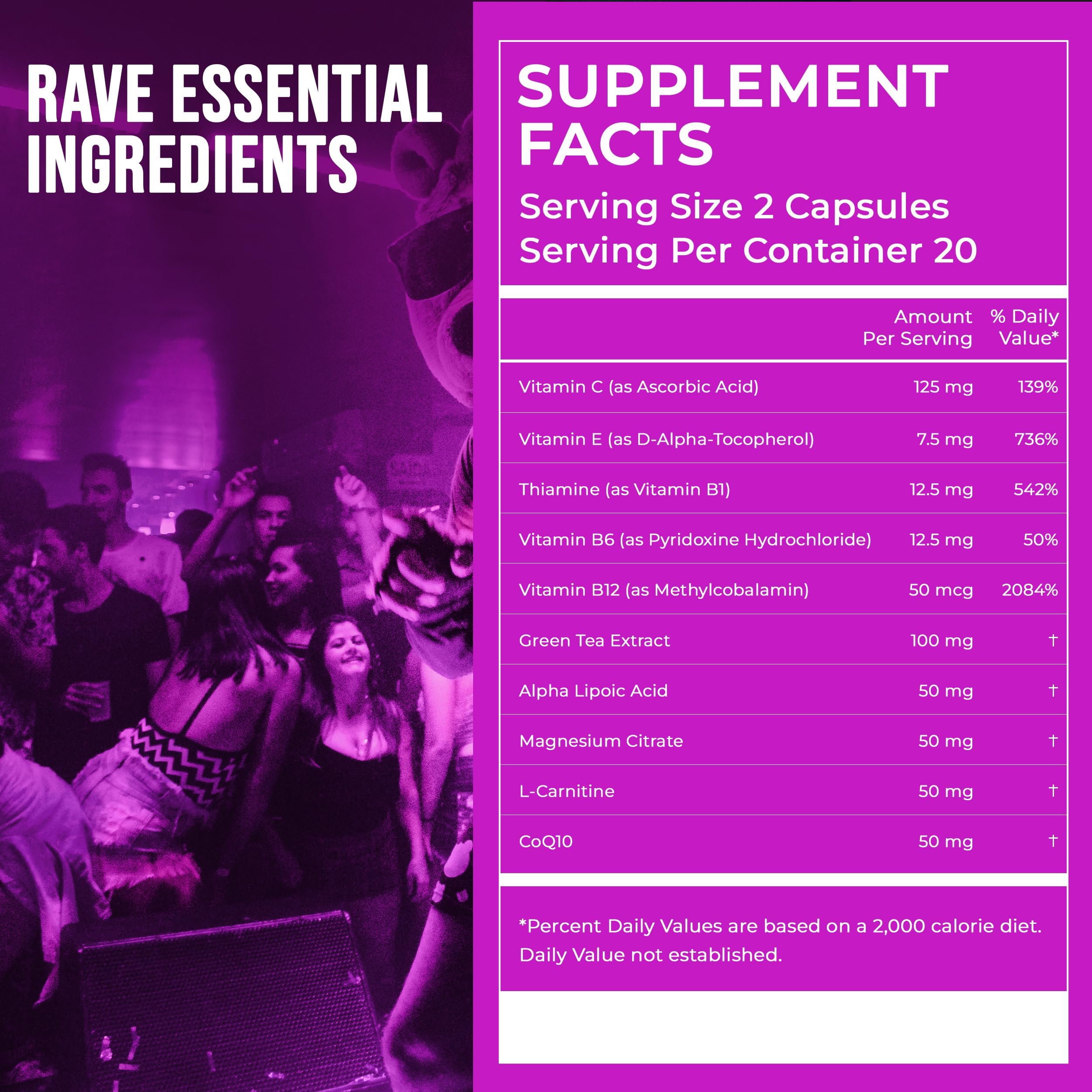 Rave Repeat dosage card on packaging shows an easy pre-rave routine.