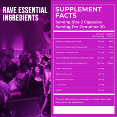 Rave Repeat dosage card on packaging shows an easy pre-rave routine.